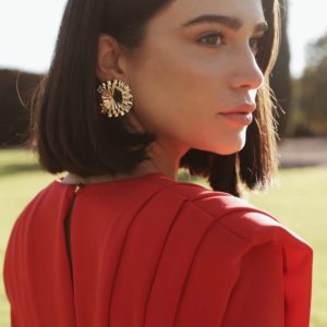 Vestido Midi Aura, de fiesta, con hombreras, rojo.