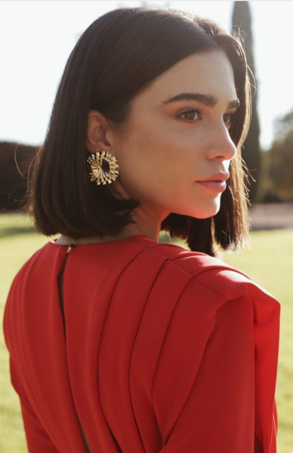 Vestido Midi Aura, de fiesta, con hombreras, rojo.